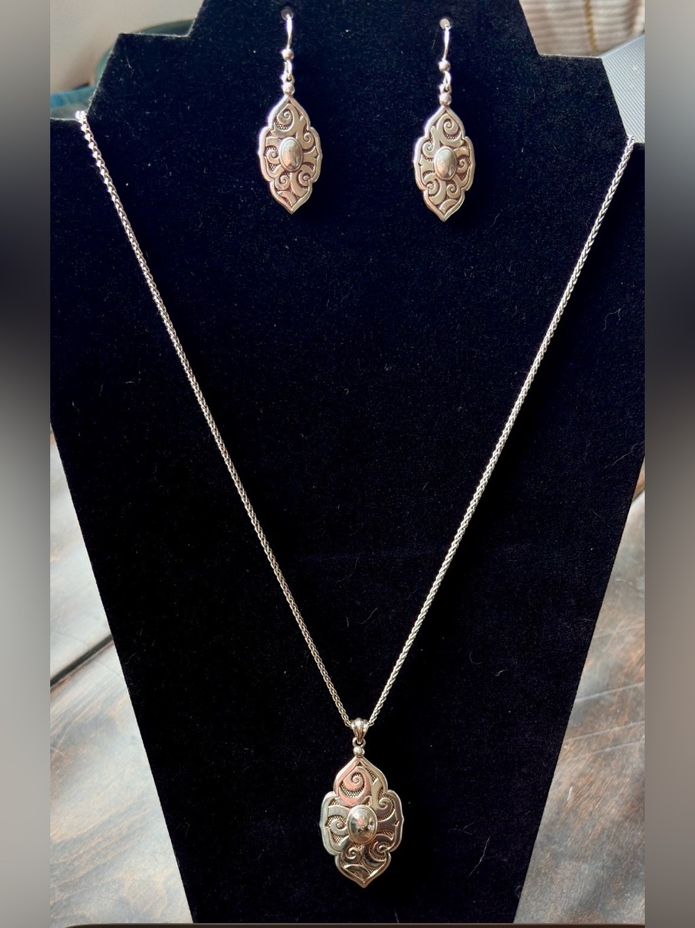 Brighton Silver Scroll Pendant Long Necklace & Earrings Set Ornate Oval Center